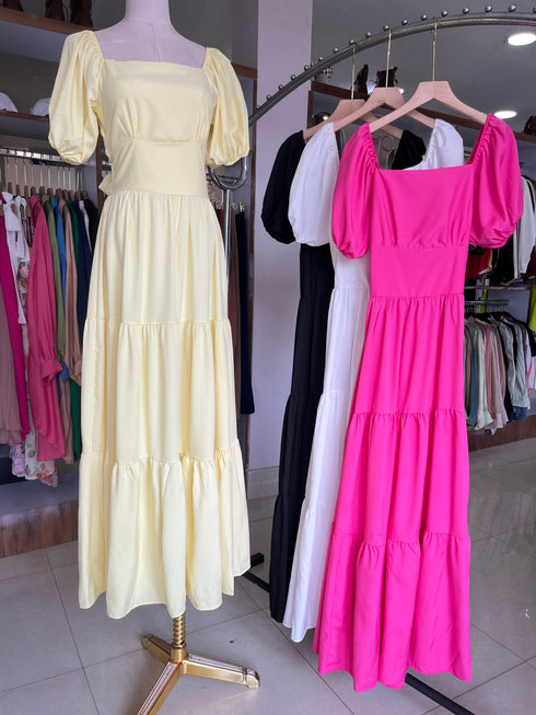 Square Neckline Puff Sleeves Flounce Long Dress